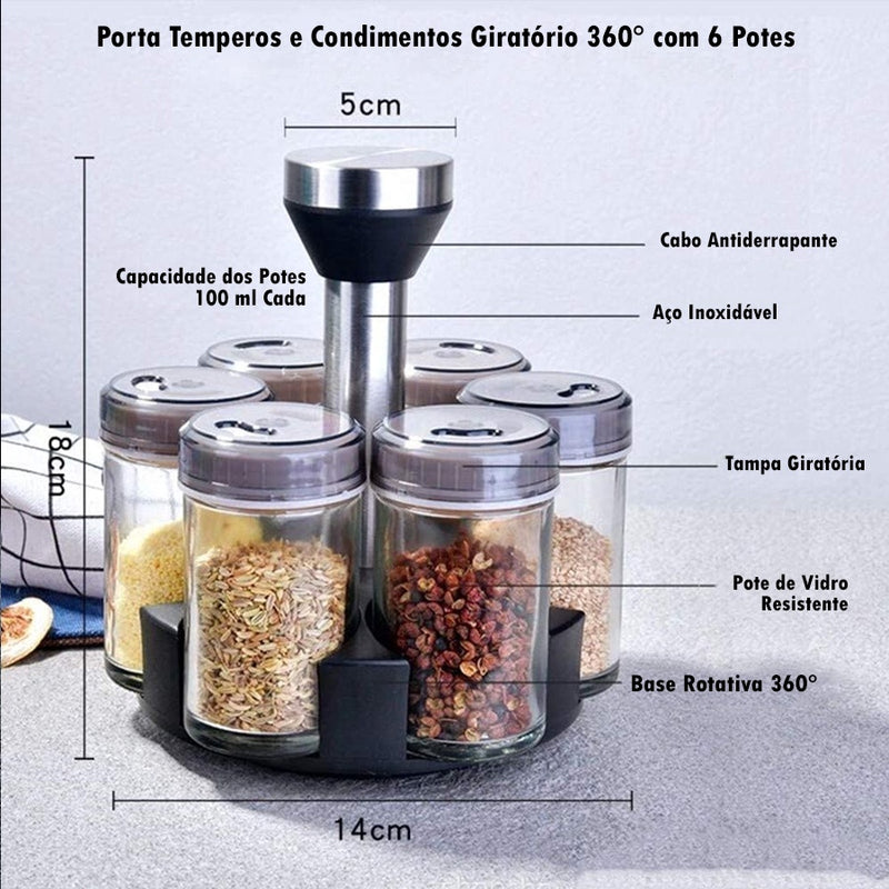 Porta Condimentos Giratório Inox c/ 6 Potes de Vidro