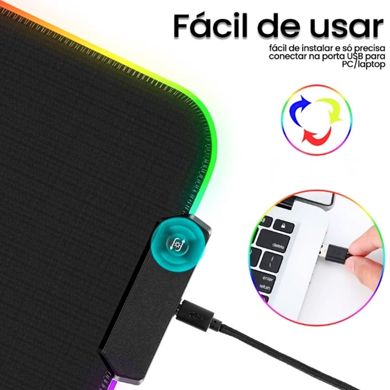 Mouse Pad Gamer Com Borda Iluminada LED RGB 7 Cores - 25cm x 35cm