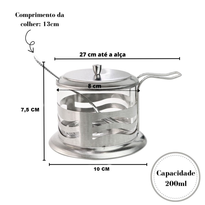 Açucareiro Em Vidro E Aço Inox Com Tampa E Colher - 200ml