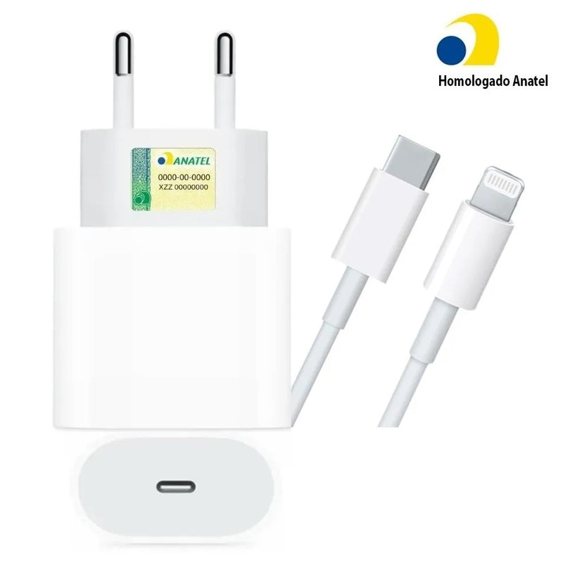 Cabo Carregador + Fonte Compatível iPhone SE X Xr 11 12 13pro Usb-c 20w